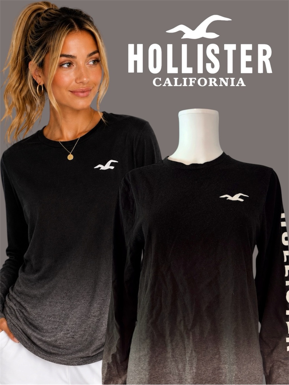 Hollister Black-to-Gray Ombre Long Sleeve Logo Long Sleeve Tee Womens M